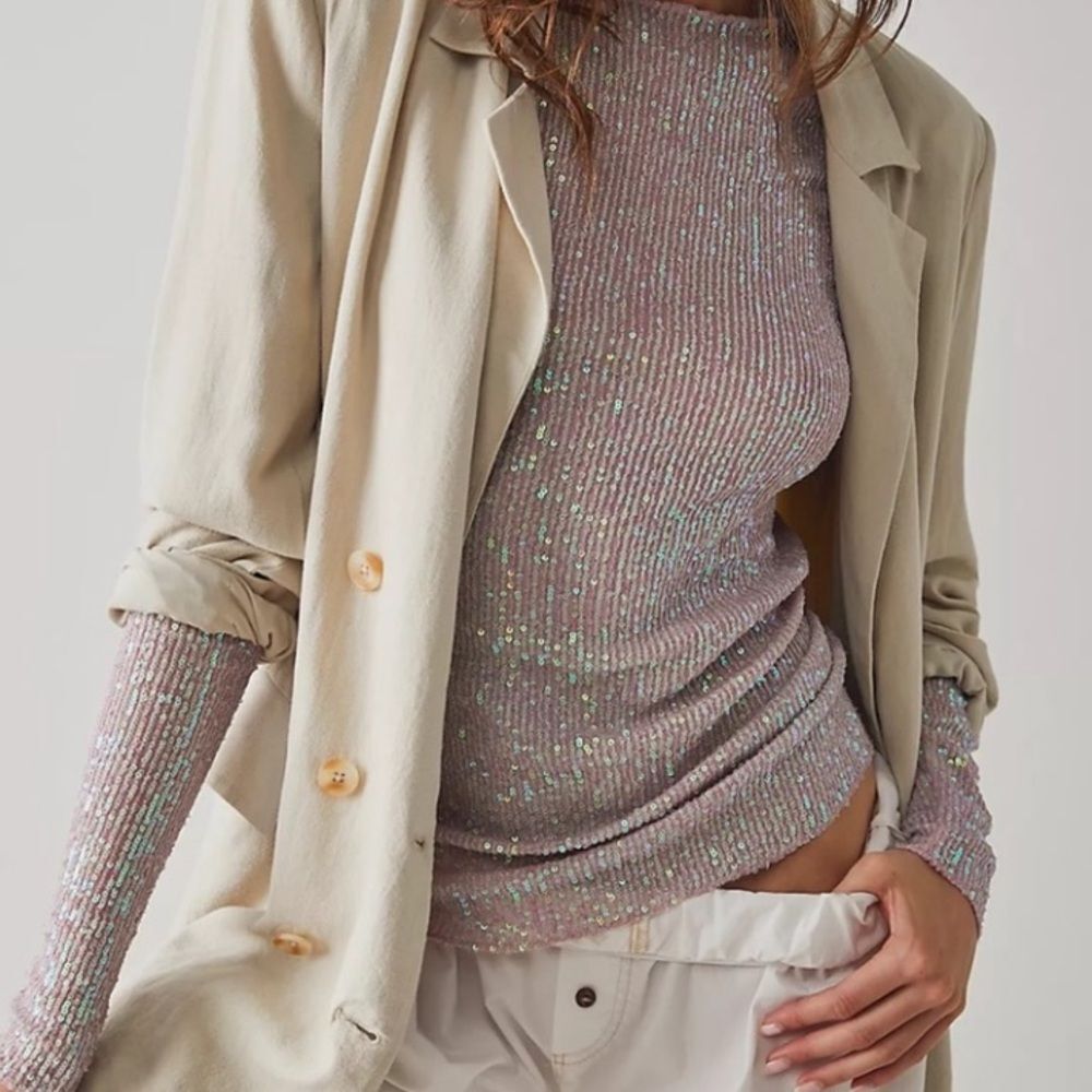 Nwt free people gold rush sequin long sleeve top champagne float purple